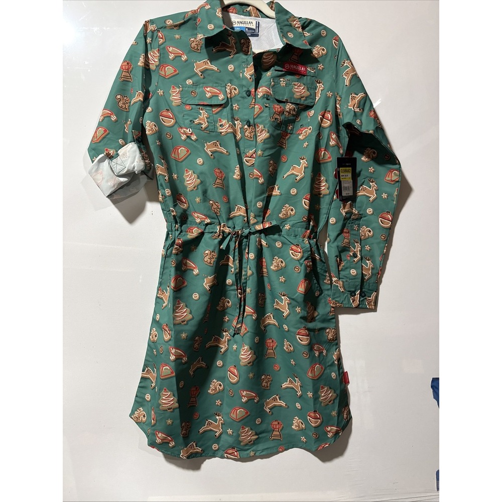 NEW Women's S Magellan Outdoors Shirt Cookie Dress Green Print Long Sleeve NWT